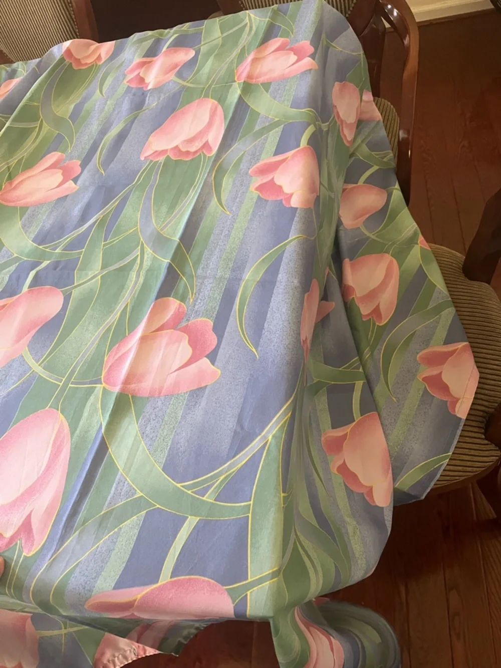 Floral Pink Tulip Shower Curtain Panel - Green & Blue Background